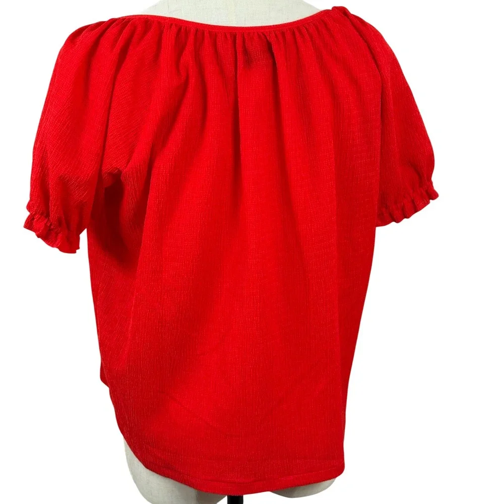 Madewell Women S Blouse Red Texture Thread Puff Sleeve Peasant Boho‎ Top Summer